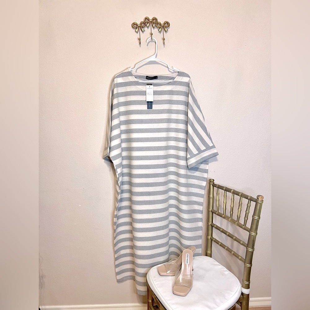 Zanzea Gray and White Maxi Dress Casual Dolman Sleeves